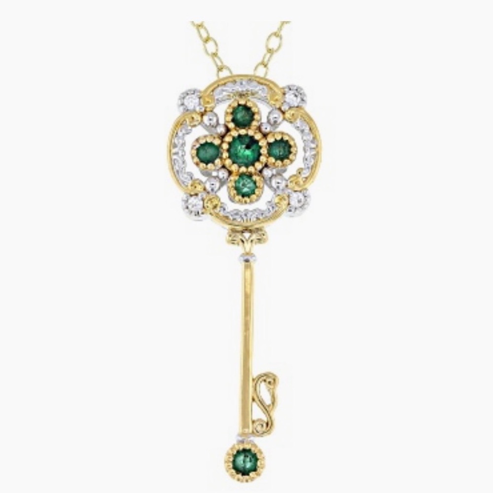 .40CTW EMERALD, ZIRCON RHODIUM & 24K GOLD OVER PALLADIUM SILVER KEY PENDANT